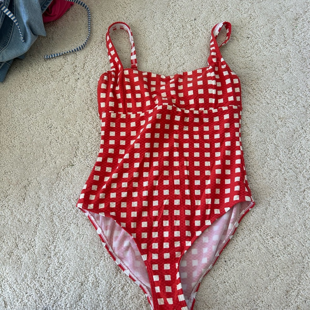 Red Gingham One-Piece Swimsuit with Adjustable Straps